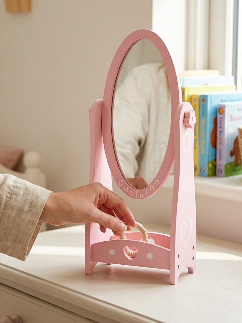 Wooden Dressing Mirror for Kids, Pink Full-Length Pretend Play Storage Stand